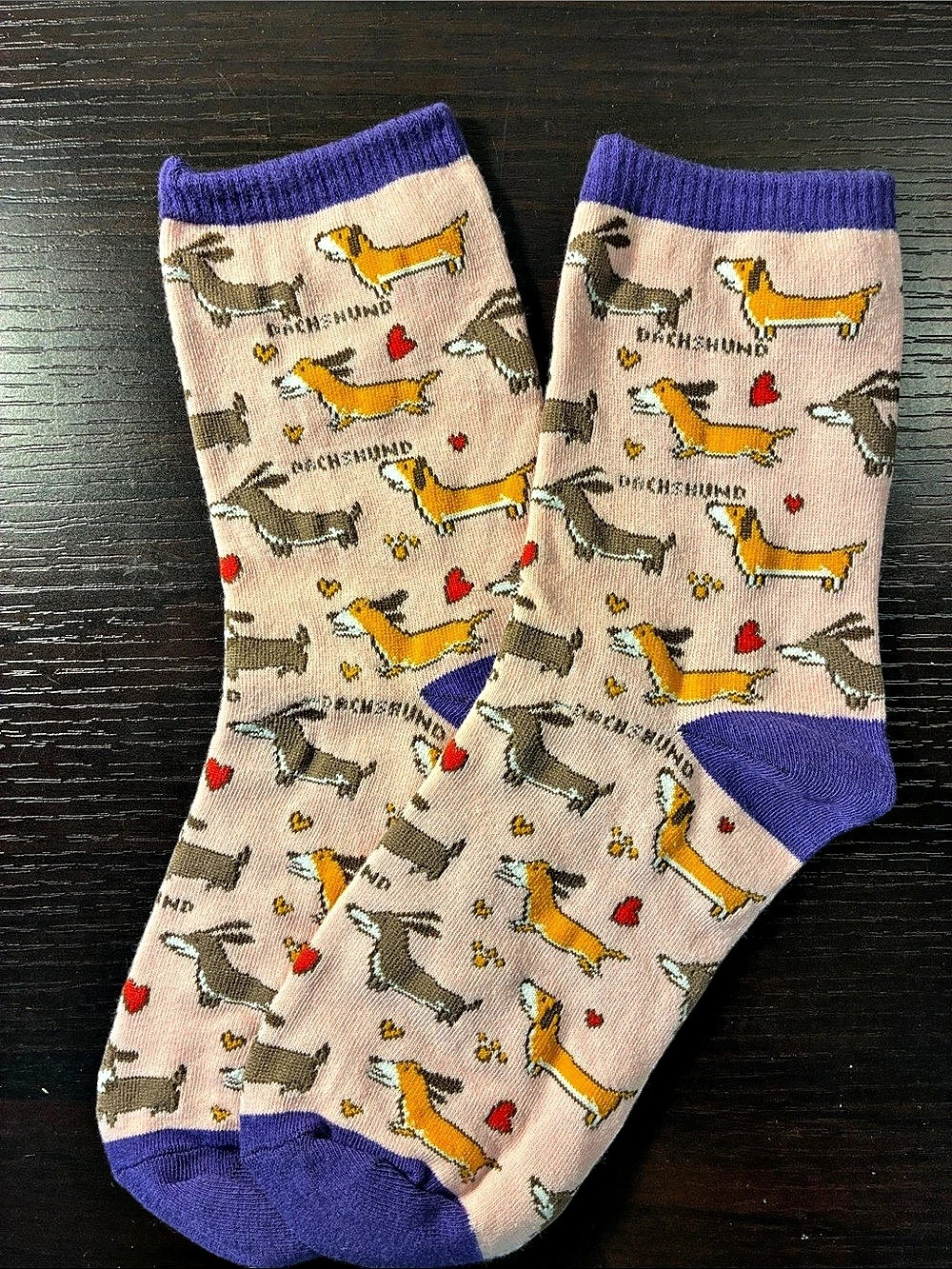 Dachshund Dog Print Crew Socks in Pink & Purple NWT
